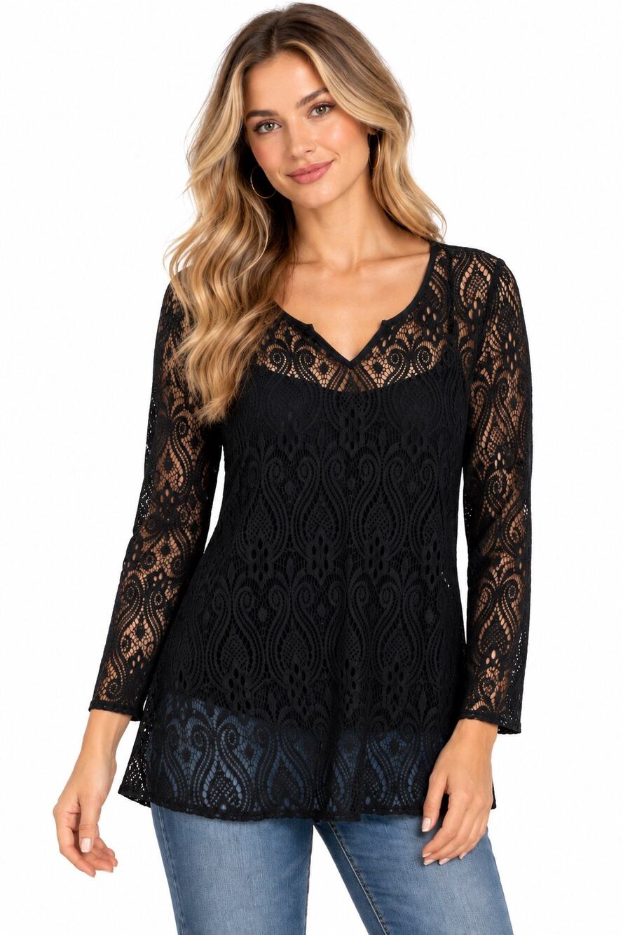 Style & Co. Sheer Black Lace Scoop Neck Long Sleeve Blouse